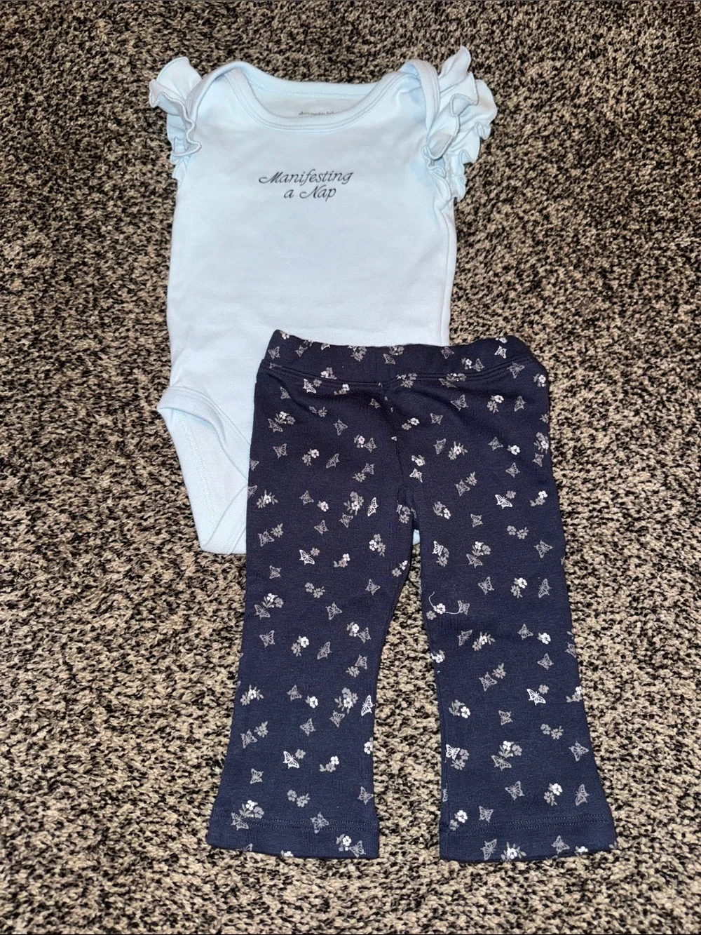 Kids Light Blue Ruffle Sleeve Bodysuit and Navy Floral Pants Set